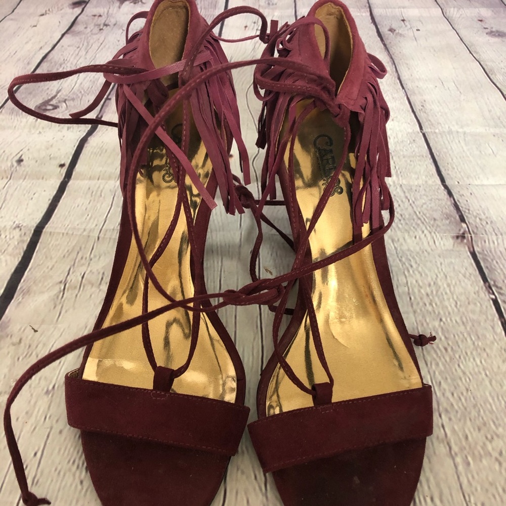 Carlos Santana Burgundy Sandy Fringe Wedge Sandals - Picture 5 of 7